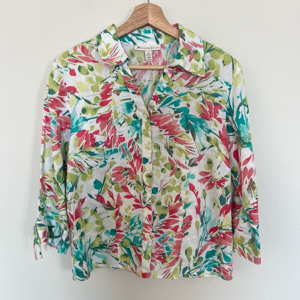 JM Collection Linen Tropical Floral 3/4 Sleeve Top Size 8P Spring Vacation